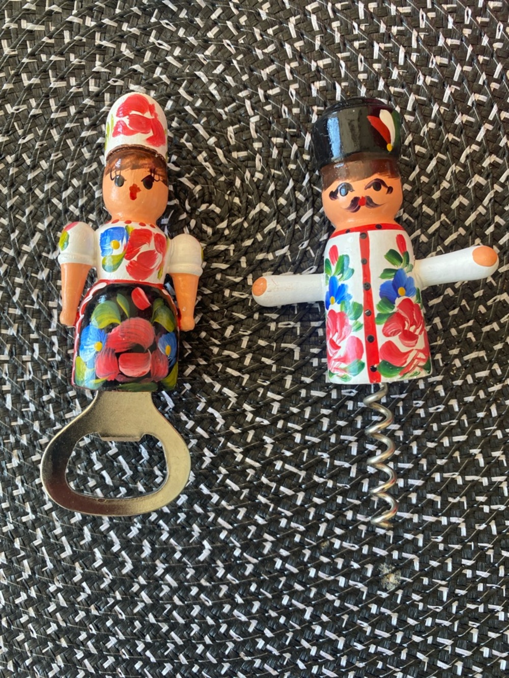 Hand-Painted Wooden Folk Doll Bottle Opener & Corkscrew Set - Budapest